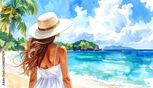 Woman in white dress looking out at calm turquoise sea from sunny sandy beach