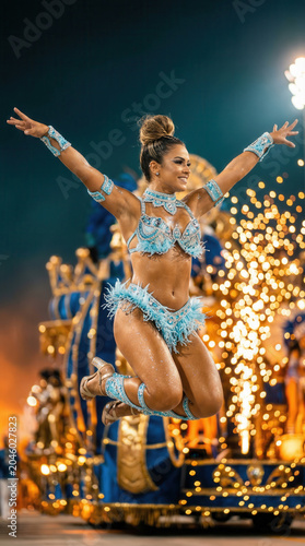 Smiling Female Samba Dancer In Blue Sequined Costume Jumping During Nighttime Carnival Parade