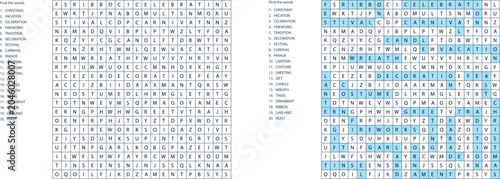 Word search puzzles on paper sheets with blue highlights  