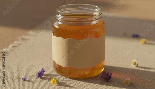 Clear honey jar with blank paper label on linen cloth