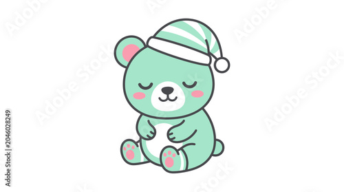 Photos Sleeping green bear character wearing a striped nightcap