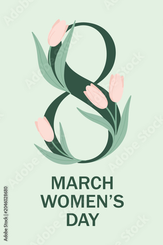 International Women's Day vector illustration with number 8 and pink tulips. March 8 Women's Day greeting card design with minimalist floral elements. 