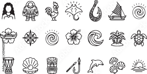 Fotografía Polynesian and Tropical Island Vector Icon Set, Minimalist Monoline Voyage and M