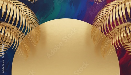 Golden circle frame with palm leaves on artistic background