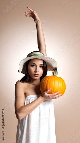 Woman in white dress poses with pumpkin and hat against soft background, one arm reaching up gracefully