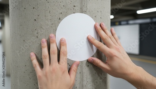 Hands applying round white sticker to concrete pillar mockup