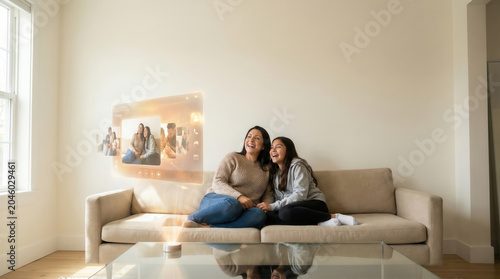 Smiling Mother And Daughter Sitting On Sofa Enjoying Family Photos On Futuristic Holographic Display At Home