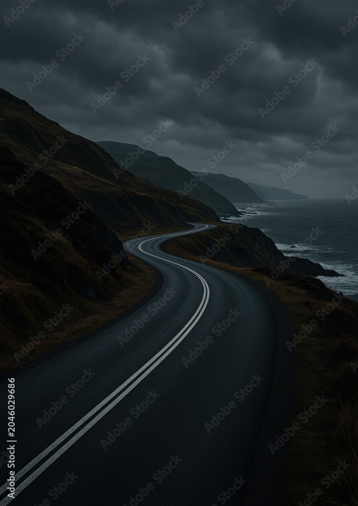 Fototapeta premium Serene coastal road at dusk.