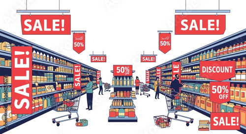 Photos Supermarket aisle with sale signs and shoppers, discount shopping
