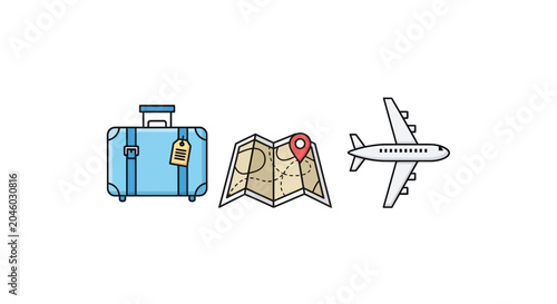 Photography Travel Icons: Suitcase, Map, Airplane