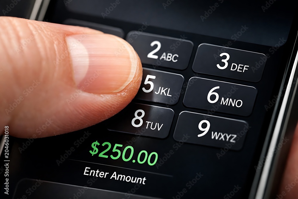 Obraz premium Finger Entering $250.00 on Smartphone Mobile Banking Keypad