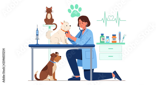 Bild auf Leinwand Veterinarian Examining Dog and Cat with Medical Equipment