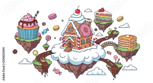 Quadro su tela Whimsical Candy Land Floating Islands with Gingerbread House
