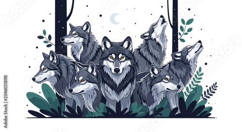 Billede på lærred Wolf Pack Howling at Moonlit Night Sky