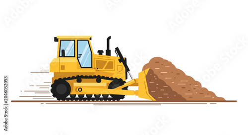 Schilderij op canvas Yellow bulldozer pushing dirt pile, construction machine, flat design
