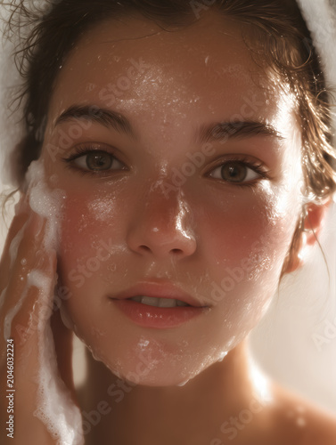 A portrait shot of a young woman with a natural look, applying white cleansing foam to her face, highlighting a daily skincare routine, hygiene, self-care, and a fresh and clean beauty concept at home