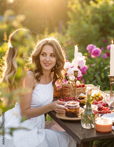 Woman in white dress smiles outdoors at a garden table with food, backlit by warm light
