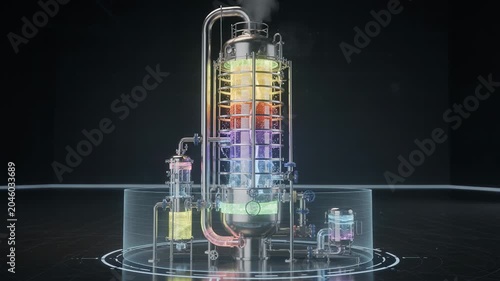 Medium shot of a digital twin distillation unit showcasing realtime performance metrics and stress points during typical operational conditions in a 3D virtual environment