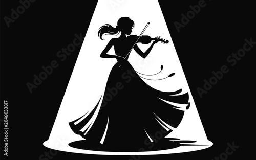 Photos Silhouette of a woman violinist standing in a bright spotlight on a dark stage w