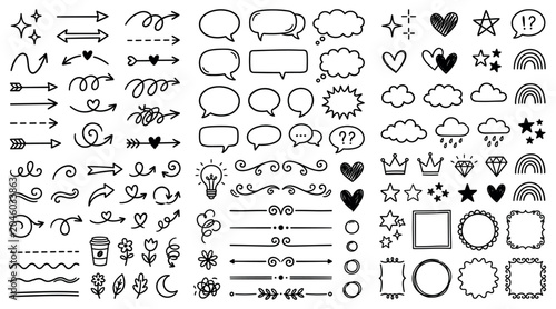 Fotografie Hand drawn doodle elements including arrow, heart, star, swirl, highlight, and sketch underline