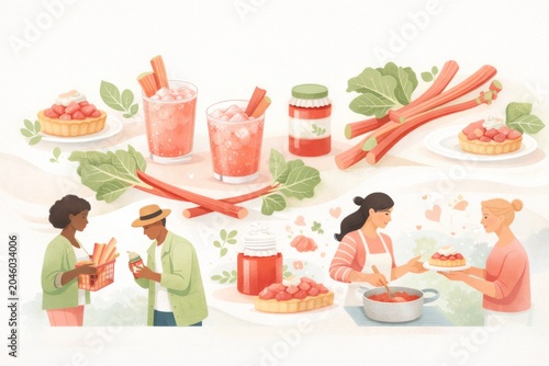 Rhubarb seasonal dishes and beverages illustration featuring diverse people
