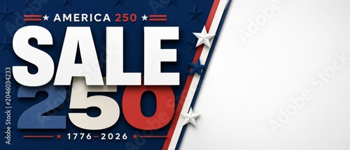 USA independence anniversary sale banner with bold 250 numerals, America 250 text, 1776-2026 dates, patriotic stars, red white blue stripes, copy space for retail promotion background design