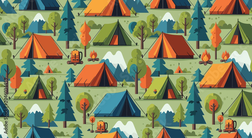 Cuadro en lienzo Colorful Camping Scene with Tents and Trees in Flat Vector Style