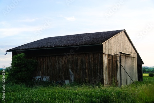 Alte Bauernscheune aus Holz auf grüner Wiese in der Natur vor Himmel bei Sonne am Abend im Frühling