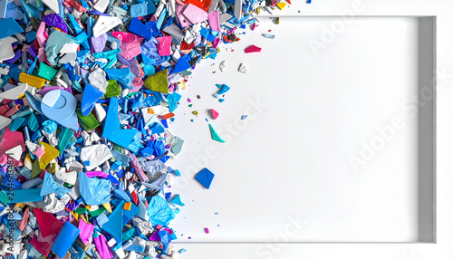 Conceptual environmental background with a clean border and multi colored microplastic debris pile