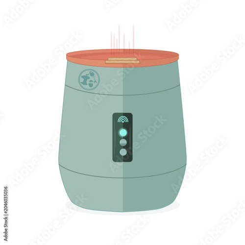 Smart kitchen waste composter on white background.Electric food recycler and organic garbage disposal bin with heating function.Sustainable smart home appliance for organic food waste recycling.Vector