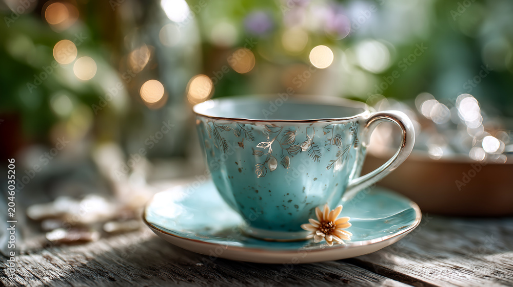 Fototapeta premium Serene teacup with floral pattern and tiny flower, dappled sunlight