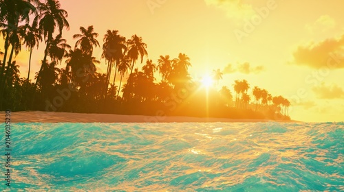 Tropical Beach Sunset with Palm Silhouettes and Turquoise Ocean