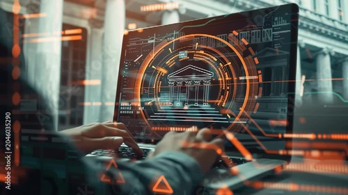 Modern cybersecurity and financial fraud concept with secure banking interfaces, phishing attacks, identity theft, online security threats, and warning symbols.