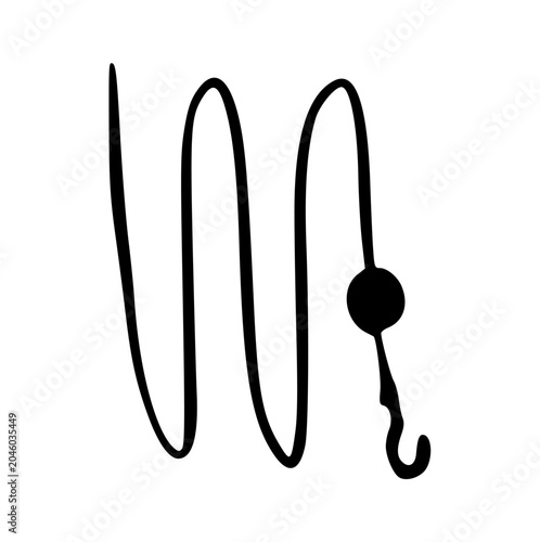 Slika na platnu Fishing line doodle hand drawn, hook with sinker weight, curved string tackle, w