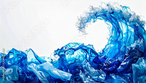 Creative marine wave concept formed with recycled blue plastic waste fragments on bright backdrop