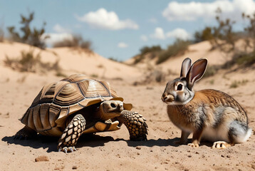 A tortoise and a rabbit are situated on sandy desert dunes under a bright sky.