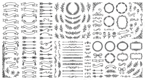 Φωτογραφία Big collection of decorative elements: banners, arrows, leaves, flowers, flouris