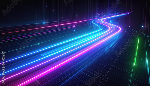 Futuristic Neon Highway with Pink and Blue Light Trails and Digital Grid