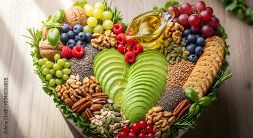 Healthy heart shaped food arrangement with olive oil