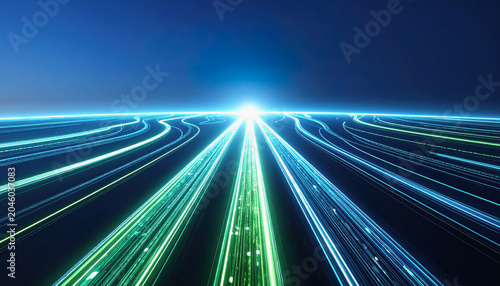 Bright Light Streaks Converging on Horizon in Blue and Green Tones