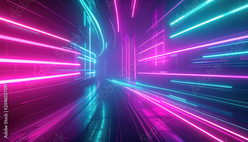 Neon Tunnel with Pink and Cyan Light Streaks and Abstract Architecture