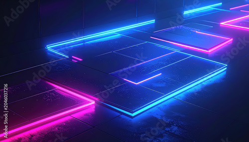 Abstract Neon Grid with Pink and Blue Lights on Dark Textured Surface