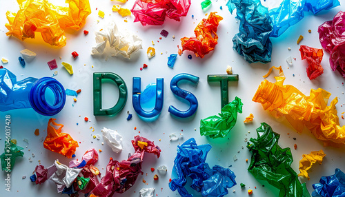 Conceptual typography with recycled plastic fragments spelling the word dust on a bright background