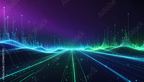 Abstract Digital Landscape with Glowing Neon Lines and Data Points
