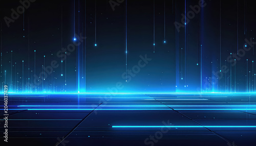 Abstract futuristic digital grid with glowing blue lines and particles on dark background