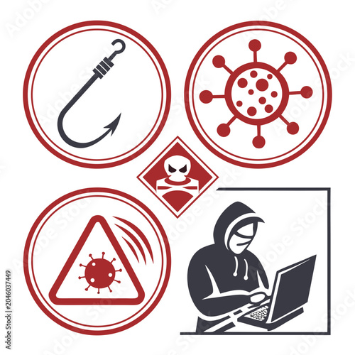 Canvastavla Cybersecurity threat icons featuring phishing hook virus symbol danger sign hacker person and computer protection elements
