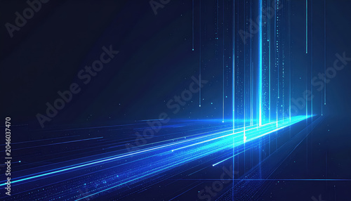 Abstract blue light streaks and particles moving forward on dark background