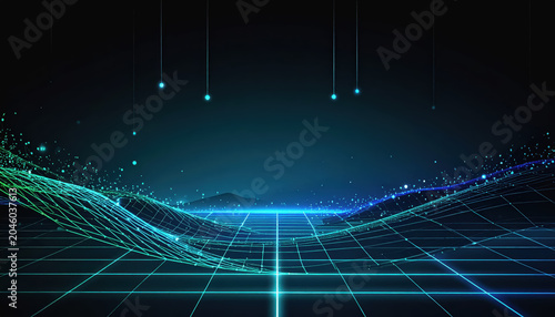 Abstract Digital Landscape with Glowing Grid and Teal Waveform