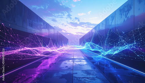 Futuristic Digital Landscape with Networked Waves and Sunset Sky