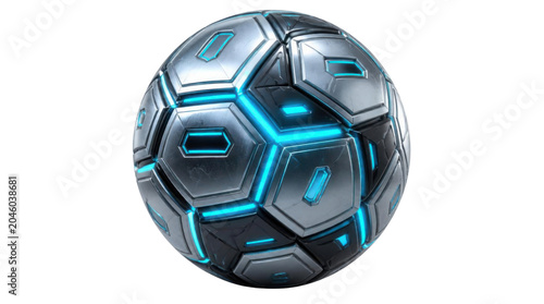 Futuristic soccer ball with glowing blue lights against Transparent Background
